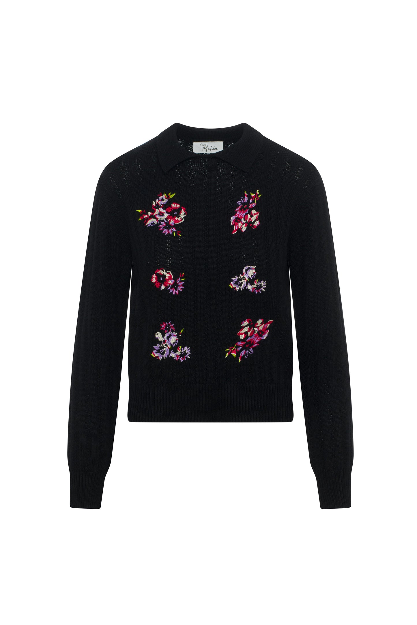 Embroidrered Textured Knit Sweater Black