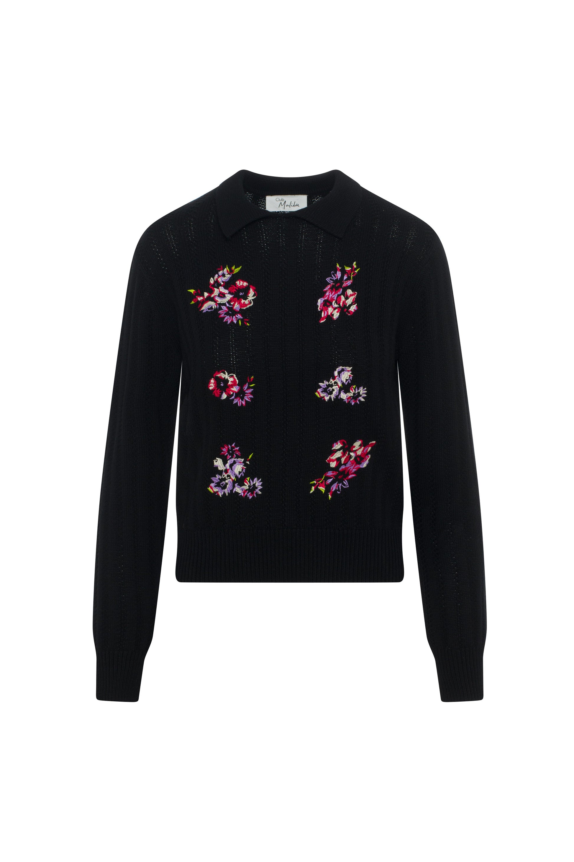 Embroidrered Textured Knit Sweater Black