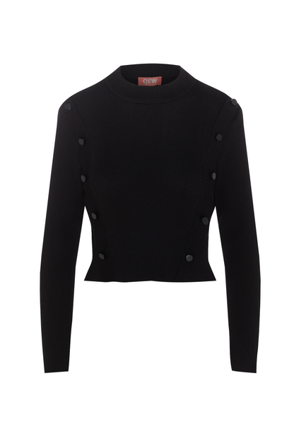 Cropped Ribbed Mock Neck Button Sweater Black