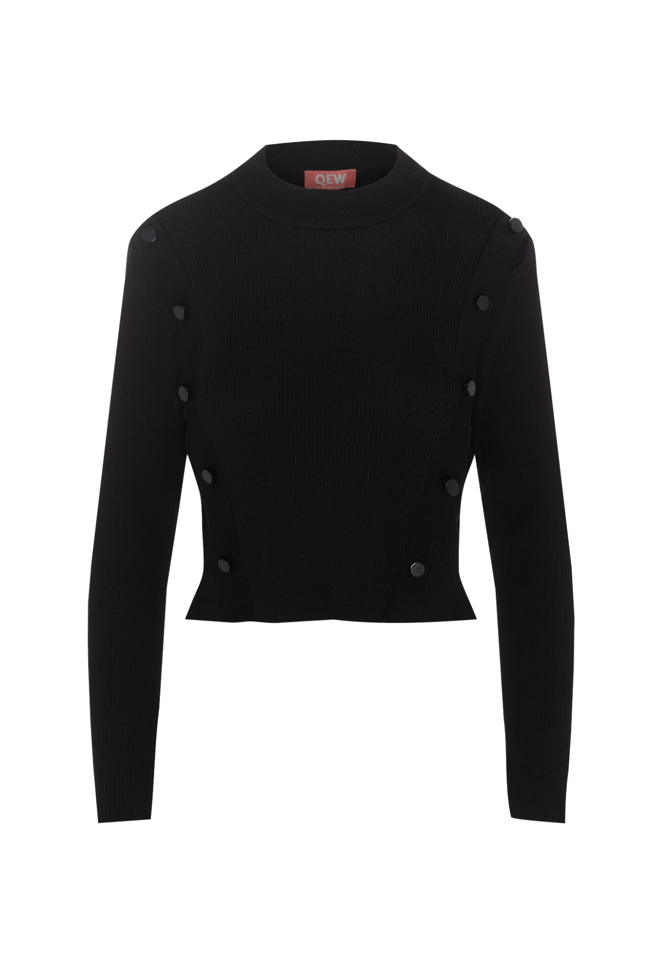 Cropped Ribbed Mock Neck Button Sweater Black