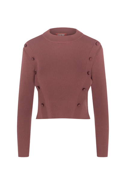 Cropped Ribbed Mock Neck Button Sweater Champagne