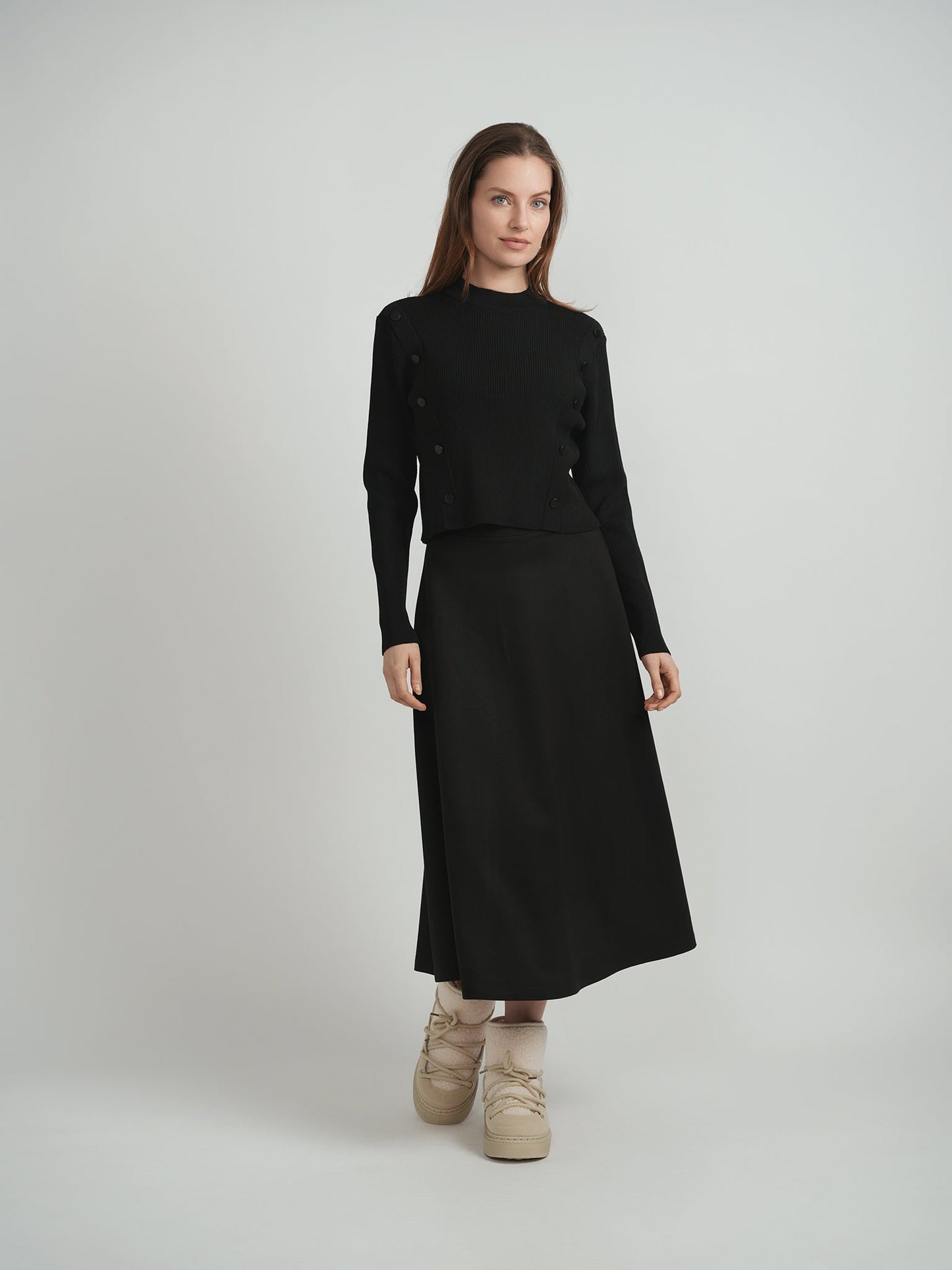 Cropped Ribbed Mock Neck Button Sweater