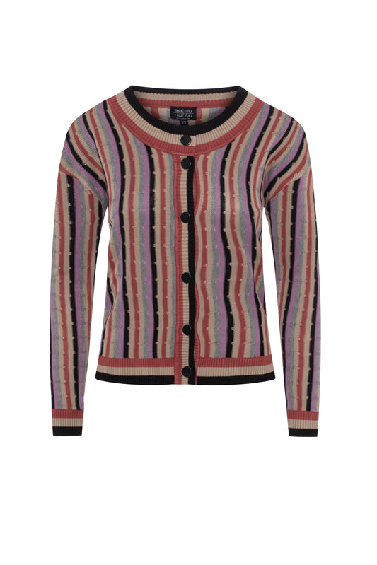 Cropped Textured Knit Striped Cardigan Multi