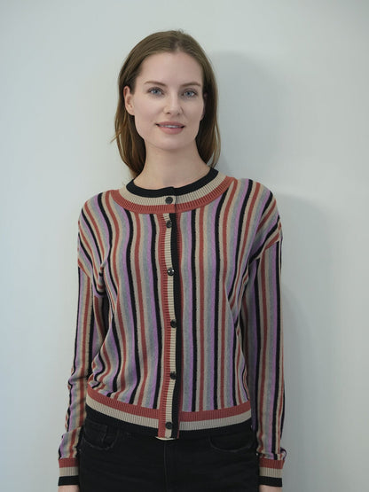 Cropped Textured Knit Striped Cardigan