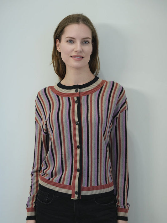 Cropped Textured Knit Striped Cardigan