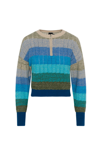 Cropped Striped Textured Knit Sweater Blue Multi