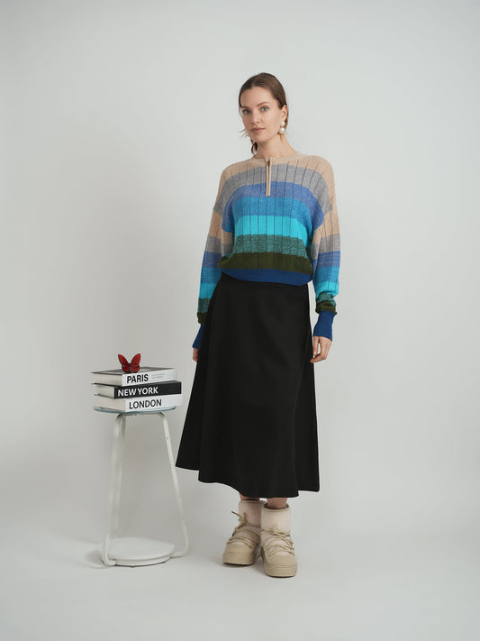 Cropped Striped Textured Knit Sweater