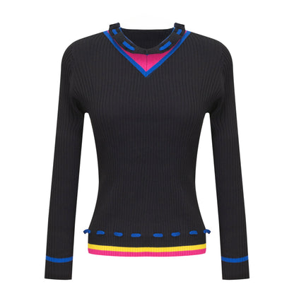 Contrast Paper Bag V Sweater Black