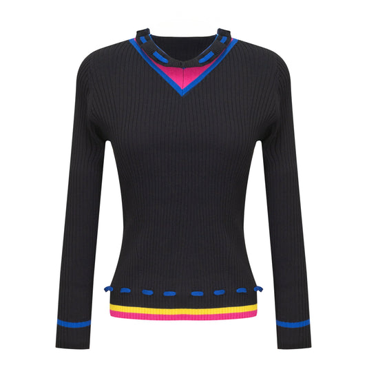 Contrast Paper Bag V Sweater Black