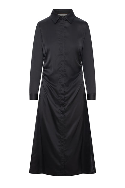 Satin Side Gathered Shirt Dress Black