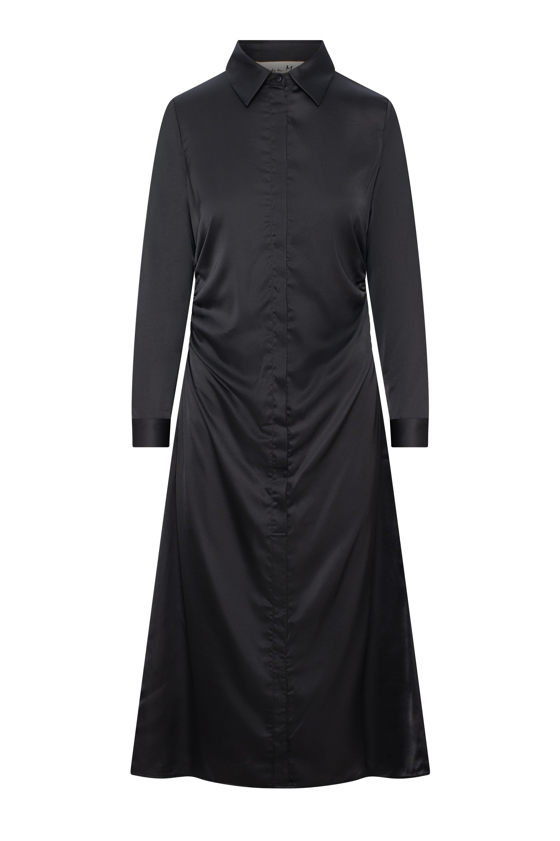 Satin Side Gathered Shirt Dress Black