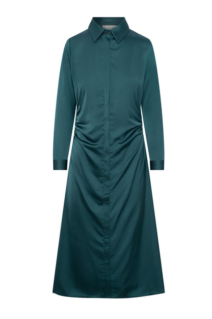 Satin Side Gathered Shirt Dress deep teal