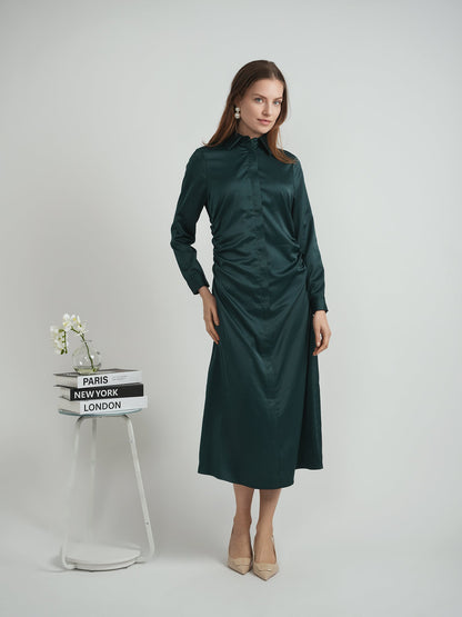 Satin Side Gathered Shirt Dress