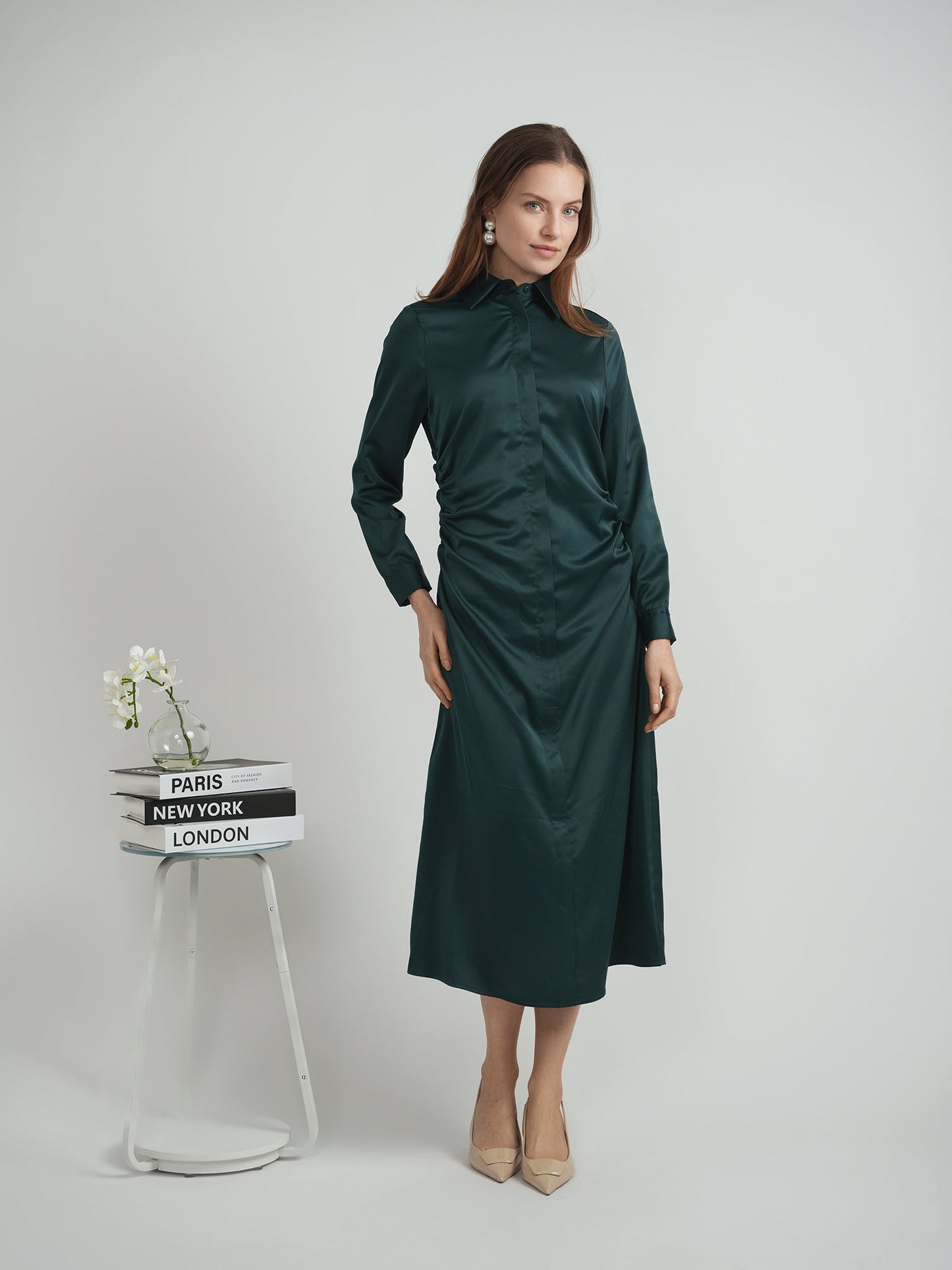 Satin Side Gathered Shirt Dress