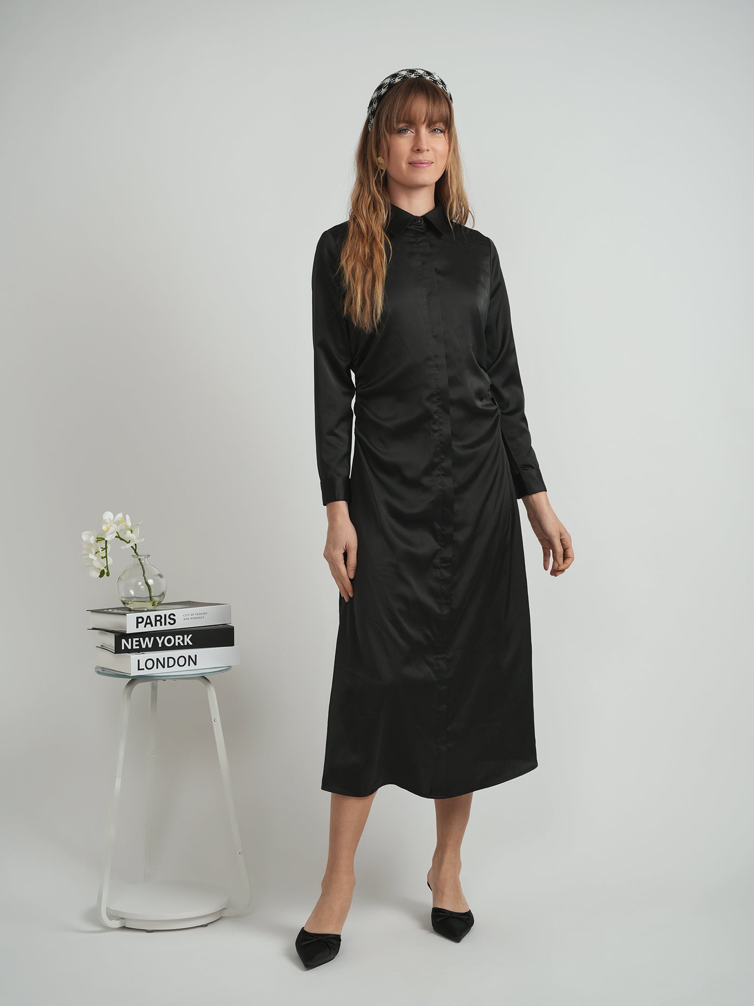 Satin Side Gathered Shirt Dress