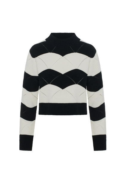 Mock Neck Cropped Wave Sweater Black Cream