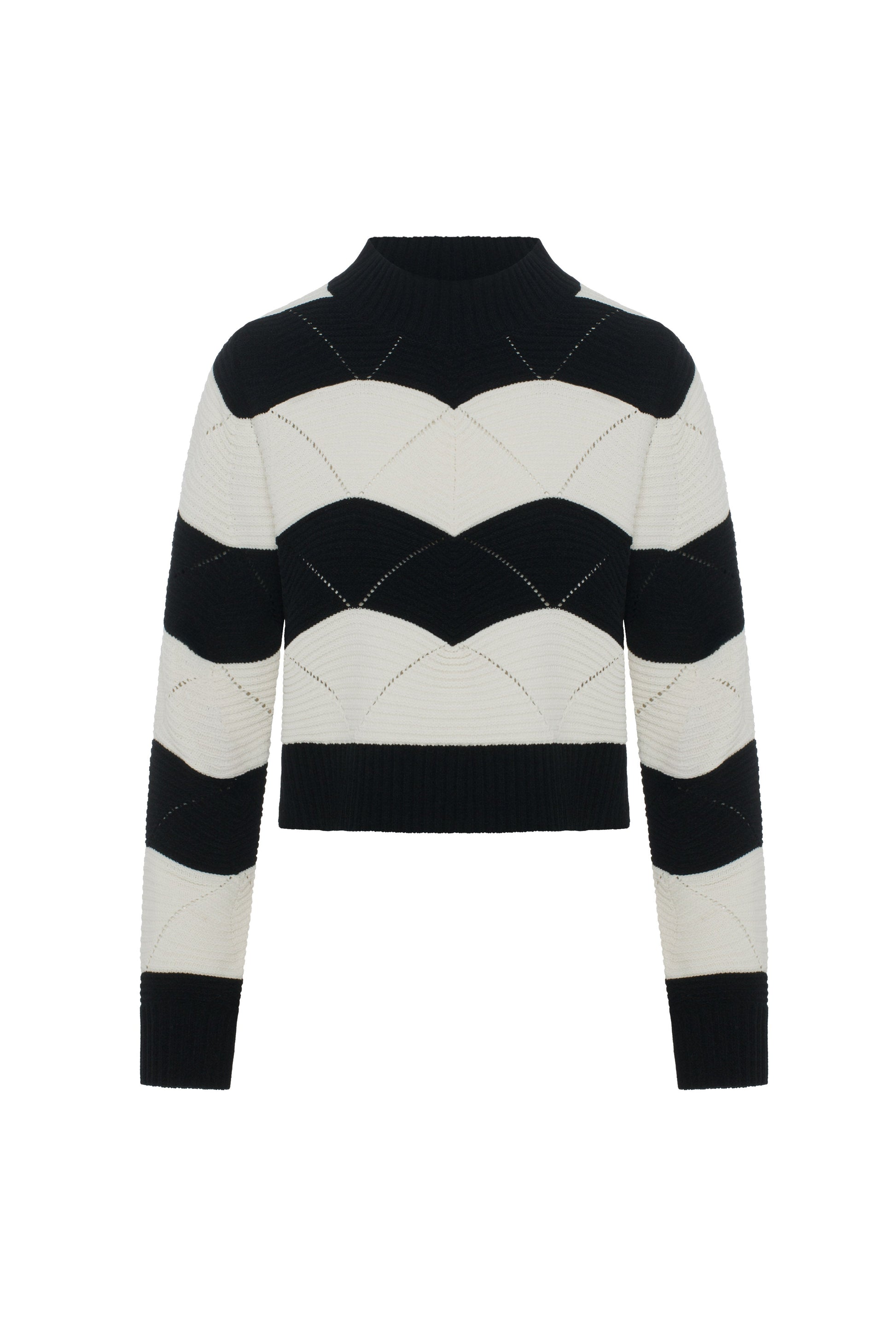 Mock Neck Cropped Wave Sweater Black Cream