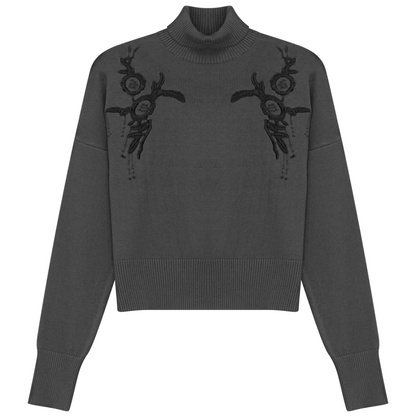 Mock Neck Applique Sweater Dark Grey Mix