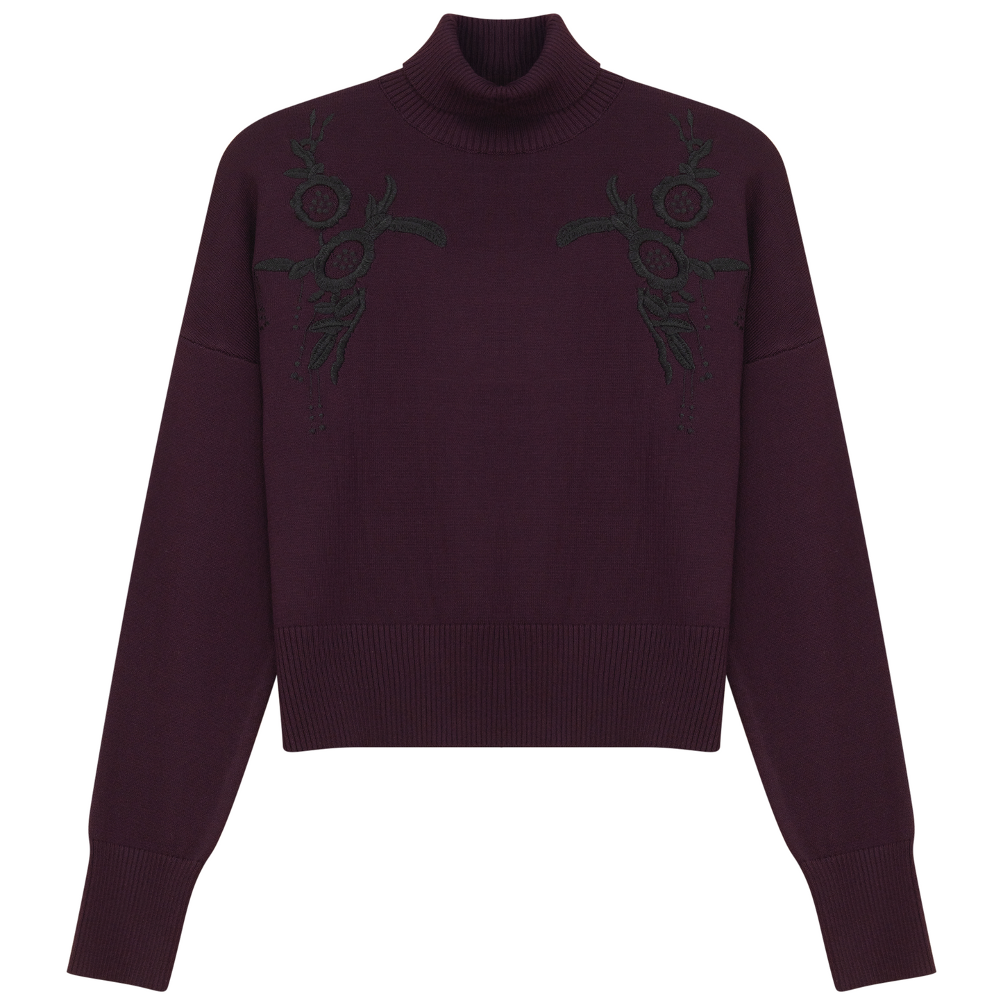 Mock Neck Applique Sweater Dark Wine