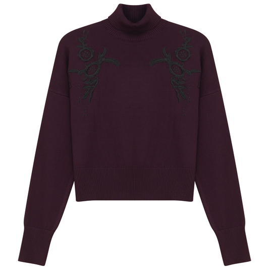 Mock Neck Applique Sweater Dark Wine