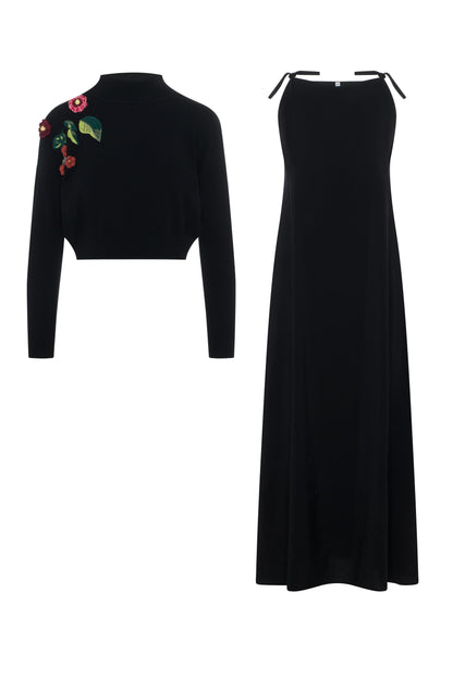 Cropped Applique SweaterJumper Set Black