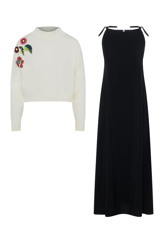 Cropped Applique SweaterJumper Set Cream