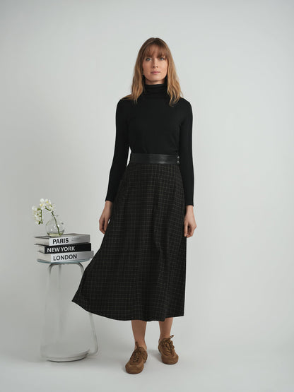 Plaid Corduroy Pocket Leather Skirt