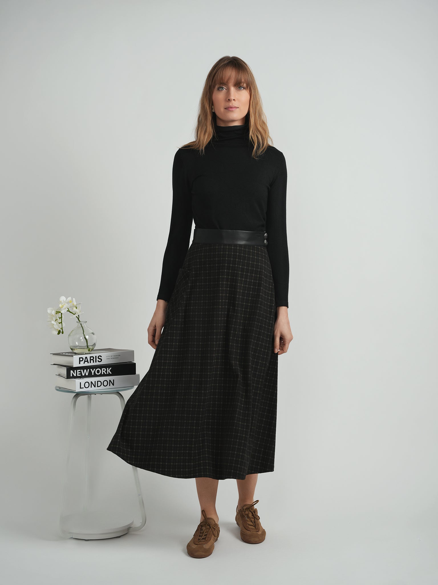 Plaid Corduroy Pocket Leather Skirt