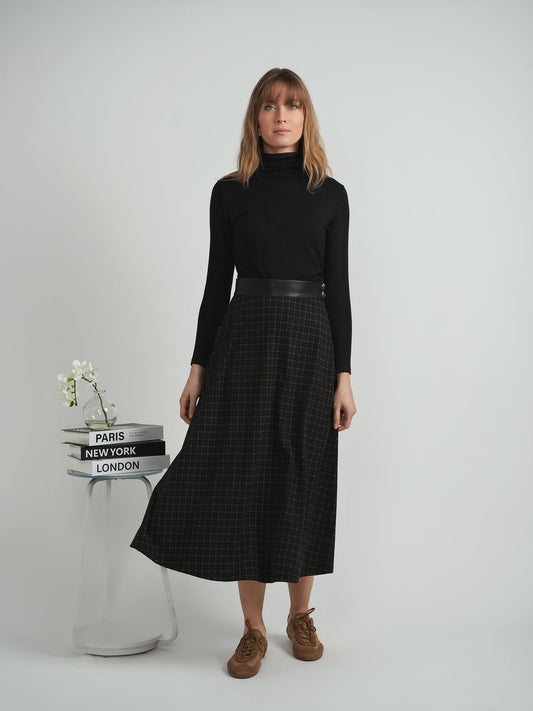 Plaid Corduroy Pocket Leather Skirt