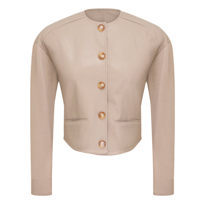 Cropped Leather Combo Jacket Oatmeal