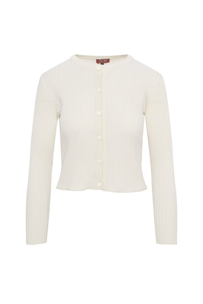 Wide Rib Cropped Knit Cardigan Cream