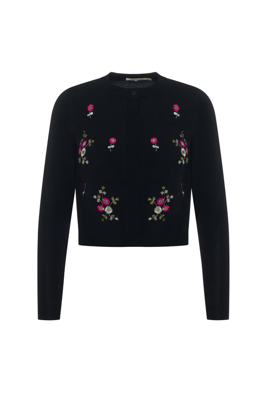 Embroidery Knit Cropped Cardigan Black
