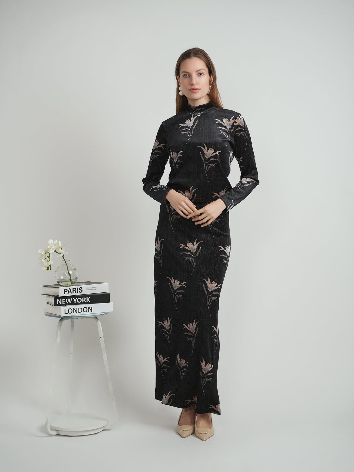 Printed Velour Maxi Skirt