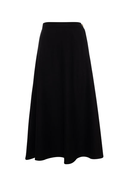 Wool Button Side Midi Skirt Black