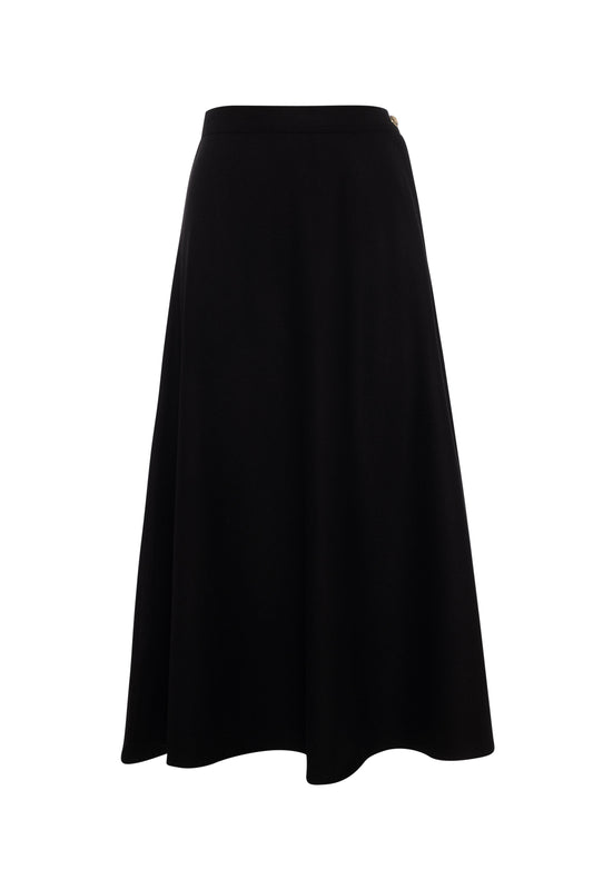 Wool Button Side Midi Skirt Black