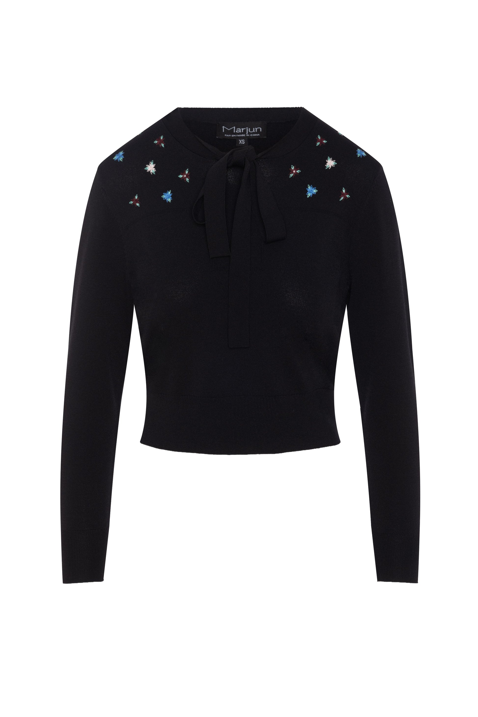 Cropped Embroidered Tie Sweater Black