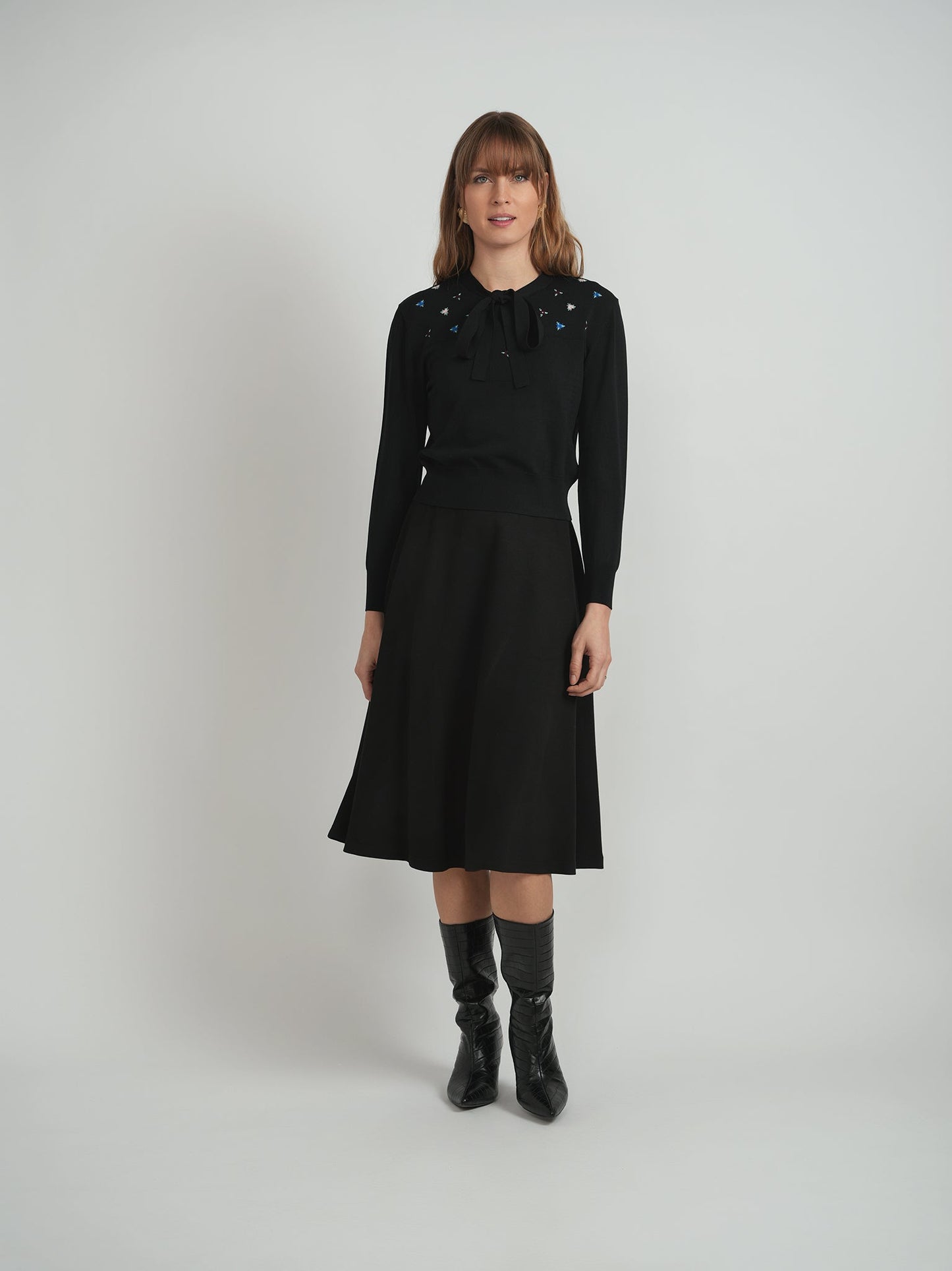 Cropped Embroidered Tie Sweater