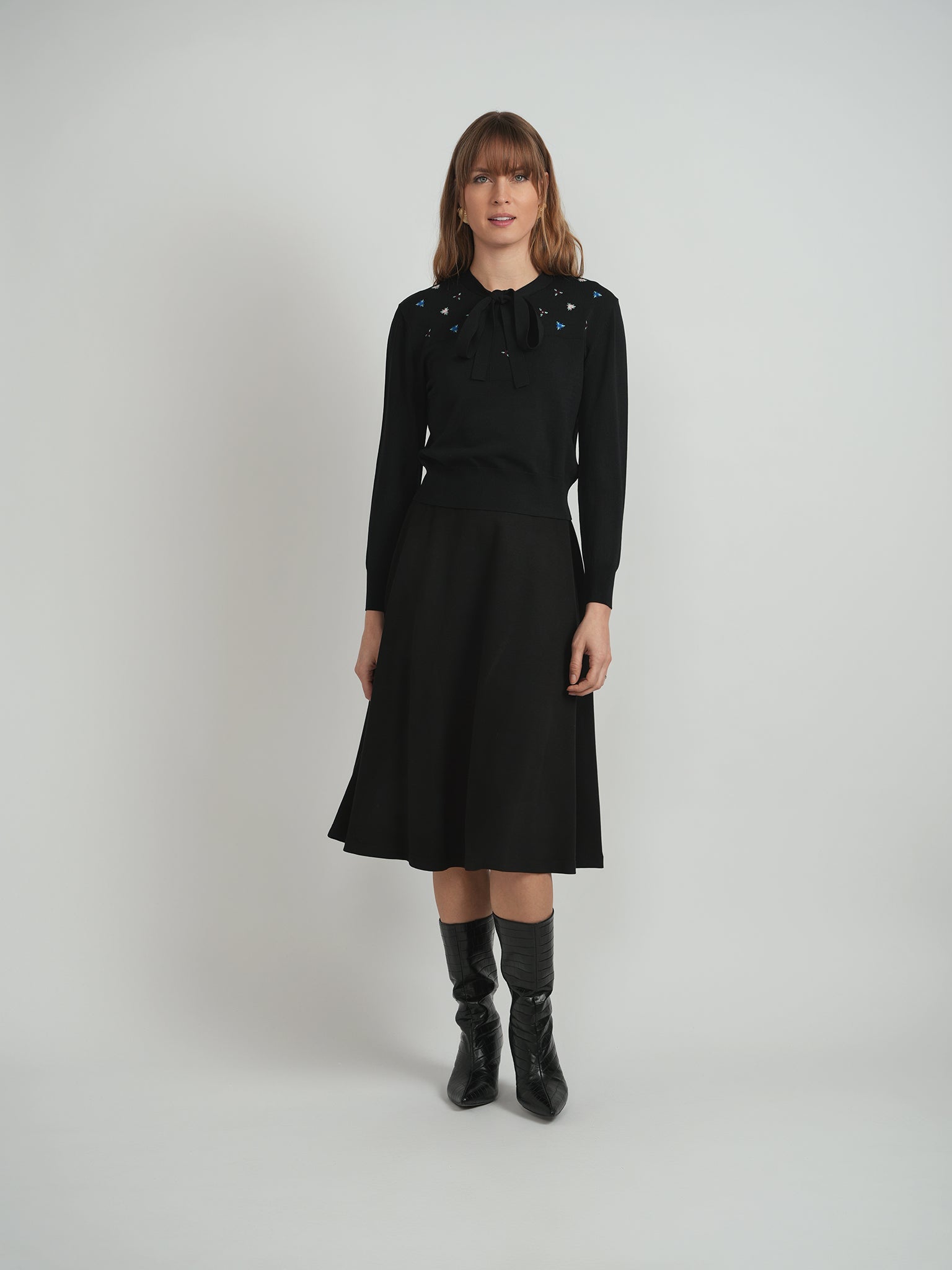 Cropped Embroidered Tie Sweater