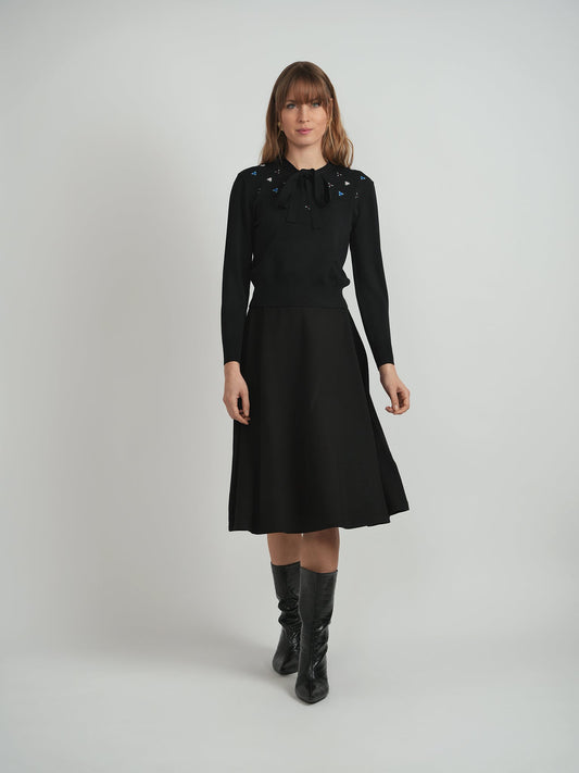 Cropped Embroidered Tie Sweater