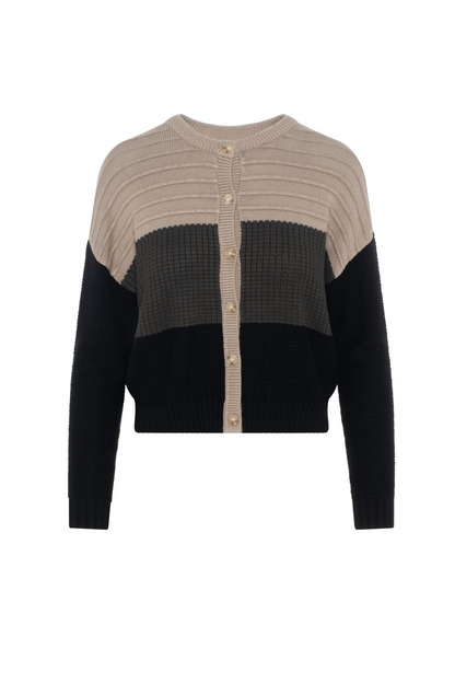 Cropped Knit Color Blocked Cardigan Oatmeal Dark Olive Black