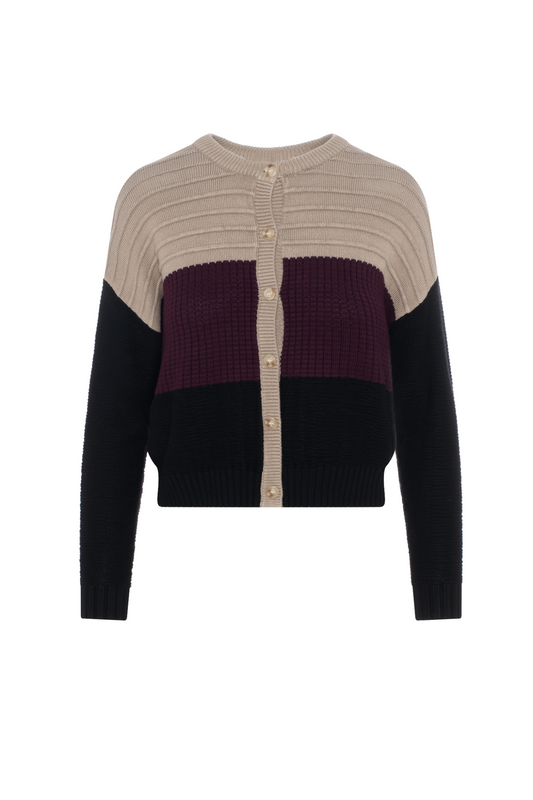 Cropped Knit Color Blocked Cardigan Oatmeal Dark Wine Black