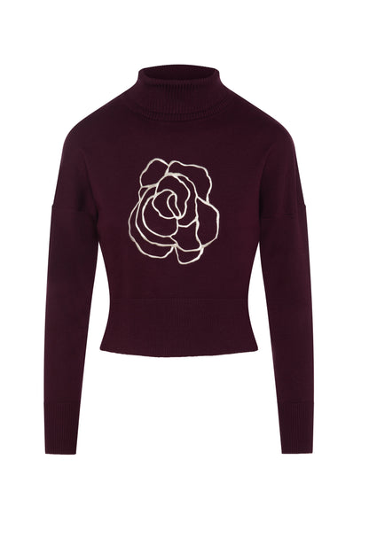 Cropped Knit Turtle Neck Dark Wine Cream