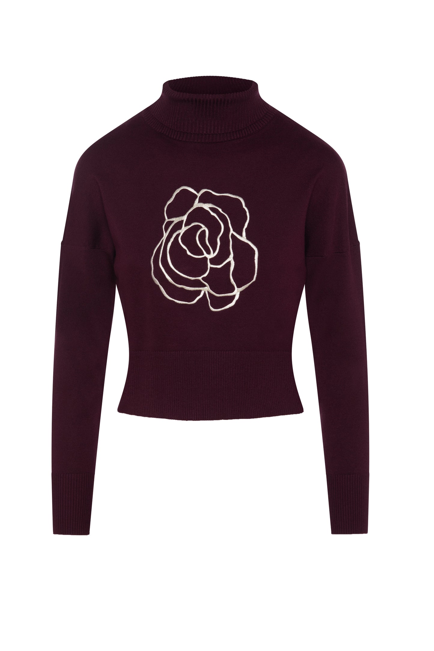 Cropped Knit Turtle Neck Dark Wine Cream