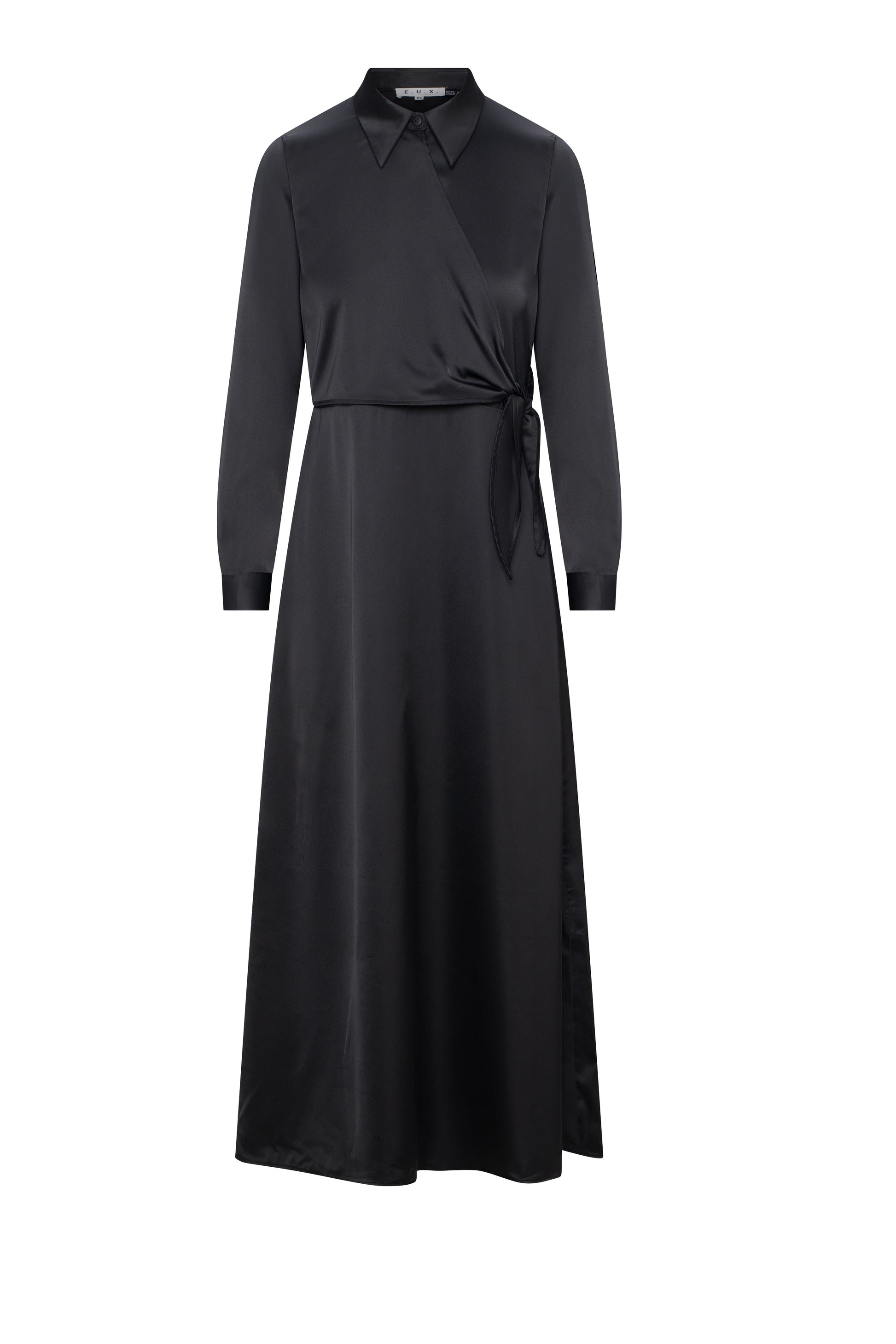 Maxi Satin Wrap Shirt Dress Black