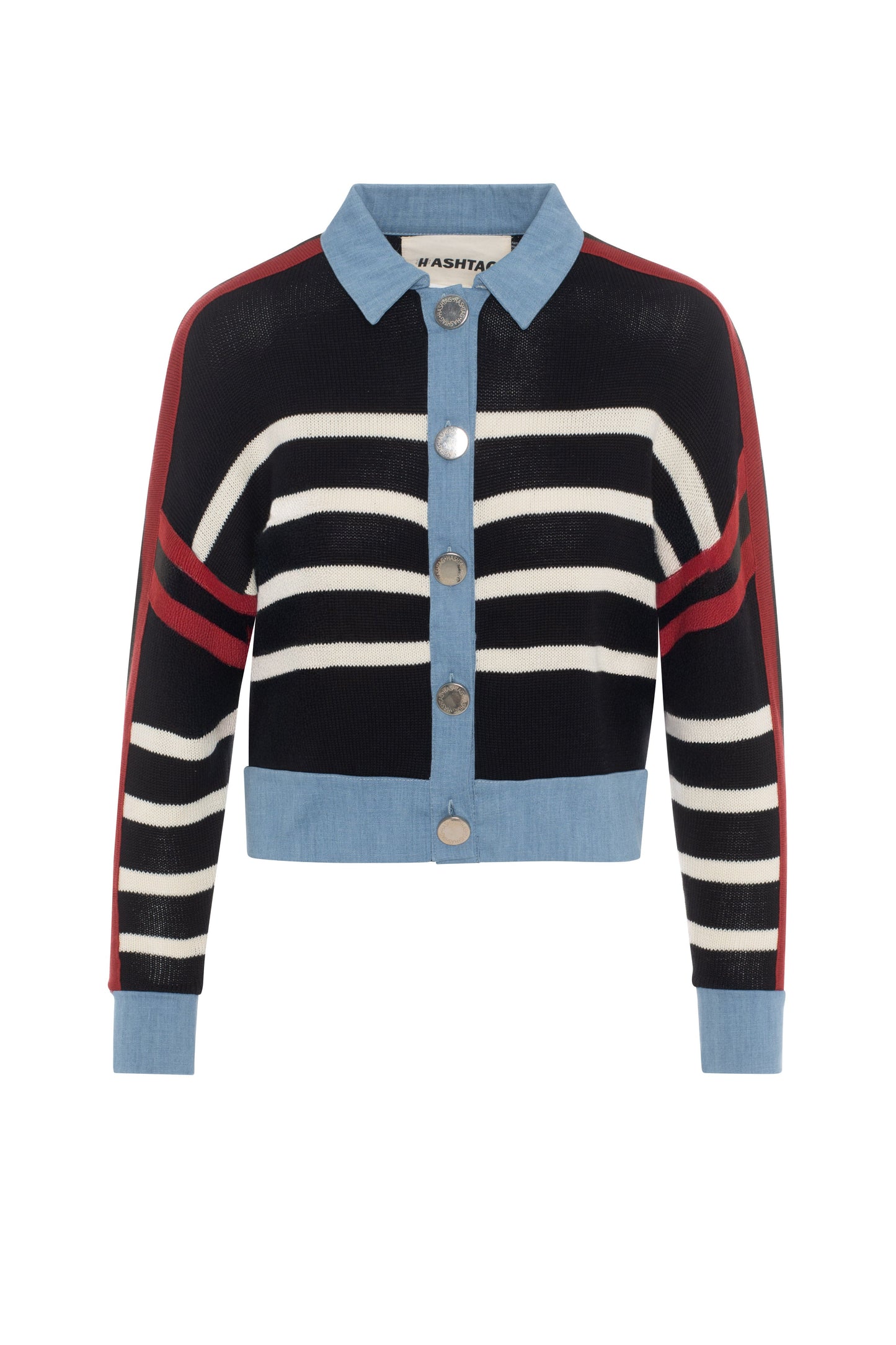 Striped Knit Denim Combo Cardigan Black Cream