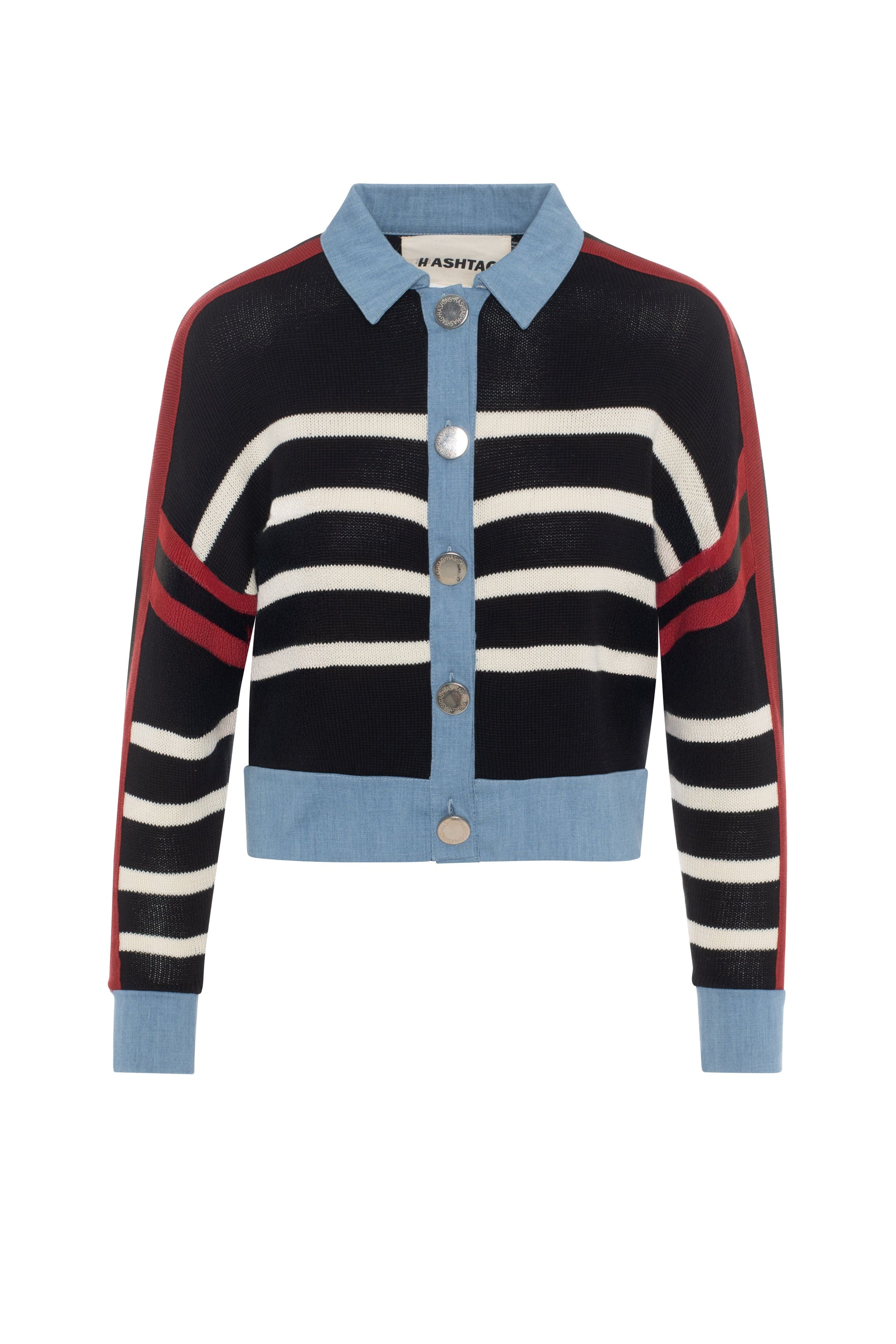 Striped Knit Denim Combo Cardigan Black Cream