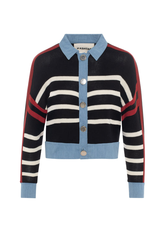 Striped Knit Denim Combo Cardigan