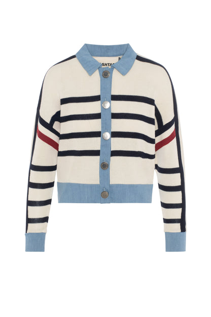 Striped Knit Denim Combo Cardigan Cream Navy