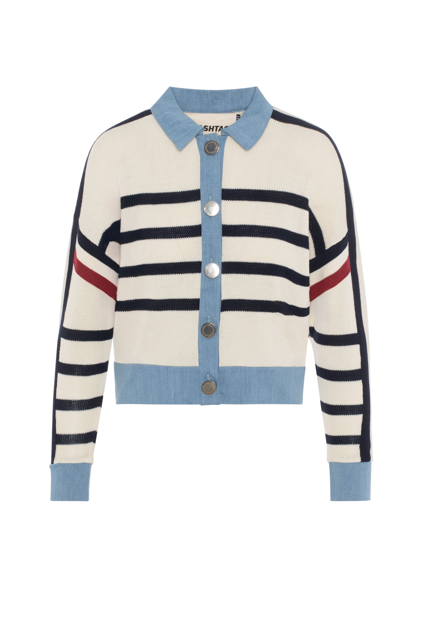 Striped Knit Denim Combo Cardigan Cream Navy