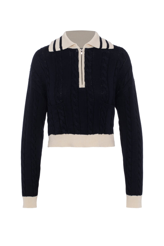 Cable Dolman Henley Sweater Dark Navy